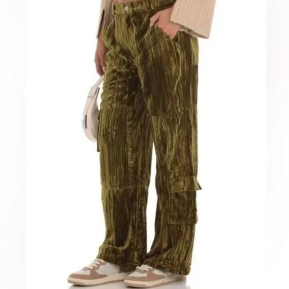 Pretty Garbage Griseta Velvet Burnout Cargo Wide Leg Baggy Pants in Olive Green - Picture 3 of 13